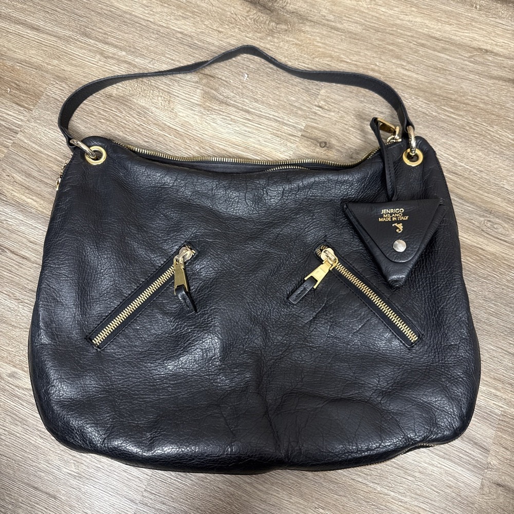 JENRIGO BLACK LEATHER LARGE WITH TWO POUCHES IN THE FRONT TOTE ITALY BAG